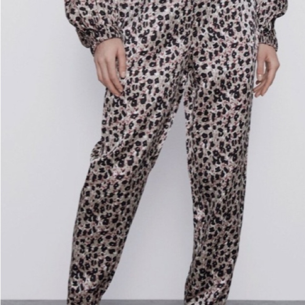 Zara Animal Print Satin Pants  with Black and Red Accents